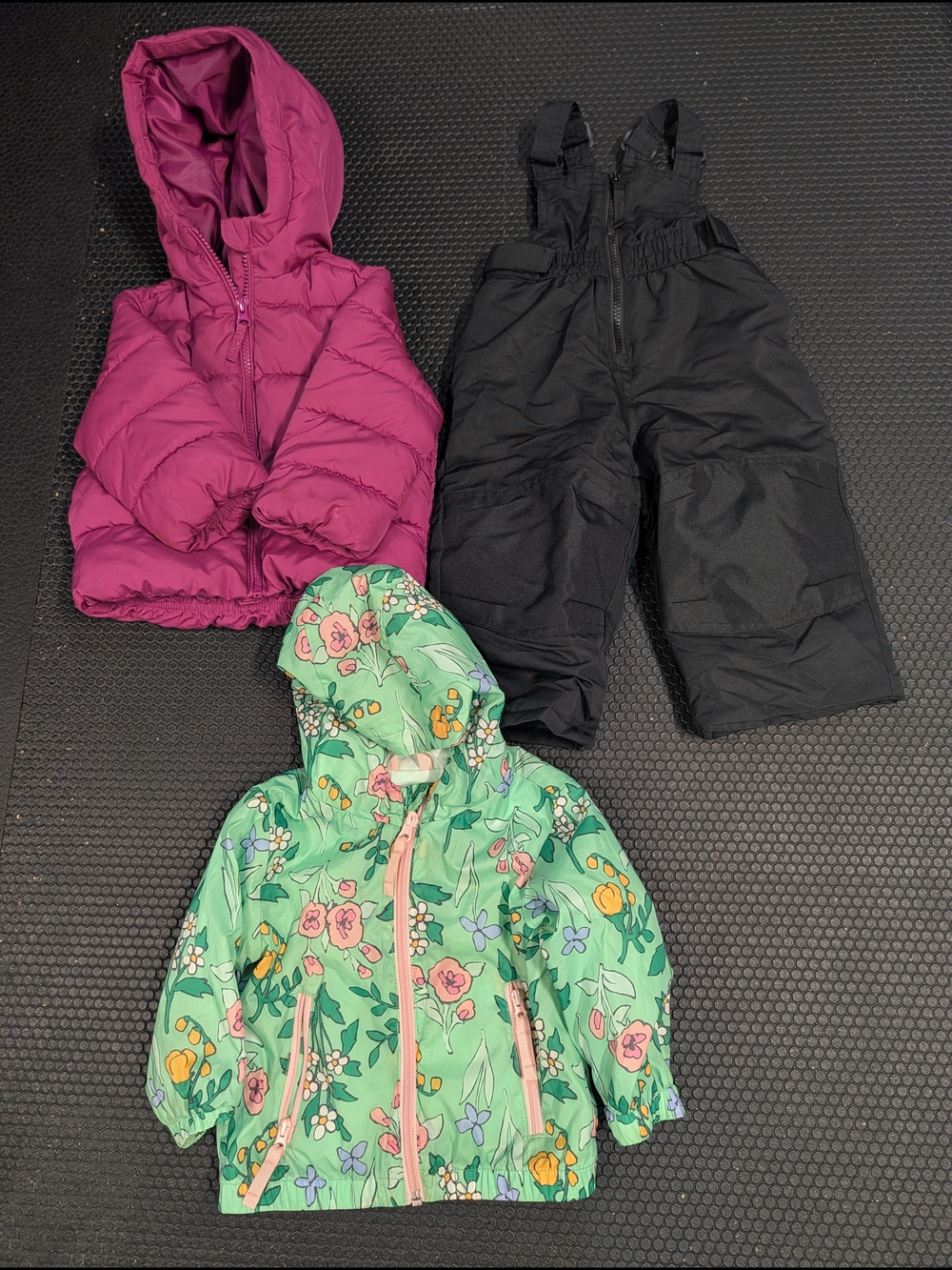 Girls 3-Piece Winter Set - Magenta Jacket, Black Snow Pants, Green Floral Coat